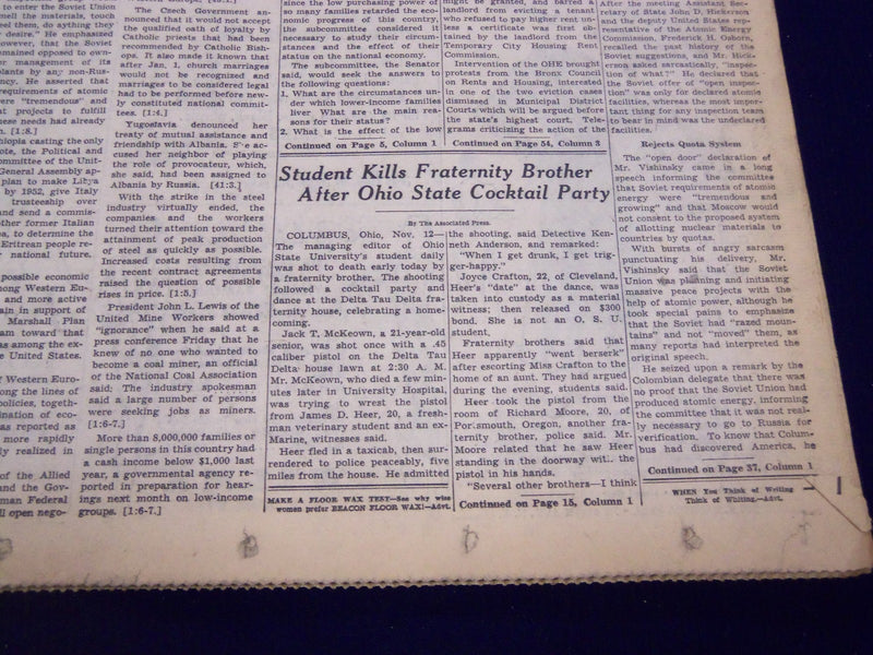 1949 NOV 13 NEW YORK TIMES - OHIO STATE STUDENT SHOT & KILLED BOTTOM - NT 2981