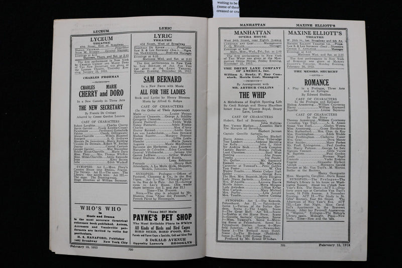 1913 FEBRUARY 15 THE CAST NEW YORK AMUSEMENT GUIDE - BELLE ASHLYN - K 2755