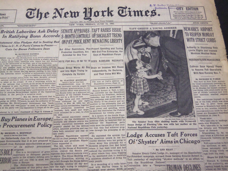 1952 JUNE 13 NEW YORK TIMES - NEWARK'S AIRPORT TO REOPEN MONDAY - NT 4495