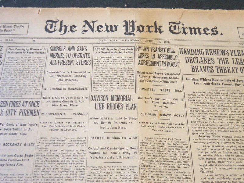 1923 APRIL 25 NEW YORK TIMES - GIMBEL AND SAKS MERGE - NT 5773