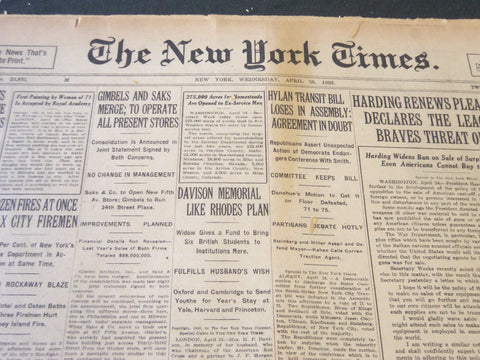 1923 APRIL 25 NEW YORK TIMES - GIMBEL AND SAKS MERGE - NT 5773