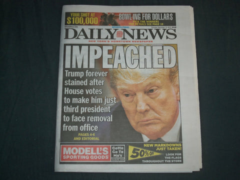 2019 DECEMBER 19 NEW YORK DAILY NEWS NEWSPAPER - TRUMP IMPEACHED