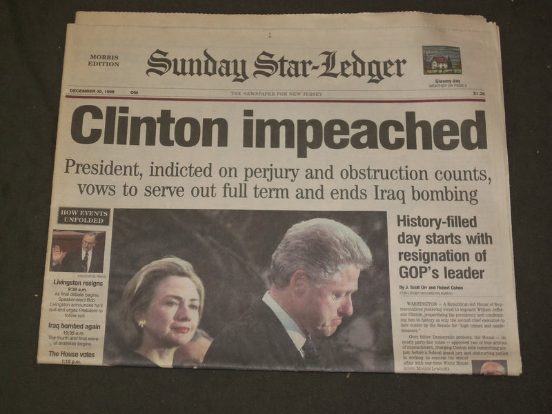 1998 DECEMBER 20 SUNDAY STAR-LEDGER (NJ) NEWSPAPER - CLINTON IMPEACHED- NP 3330
