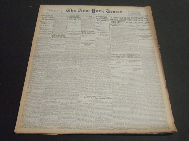 1920 JULY 14 NEW YORK TIMES - COX TO CONSULT WILSON ON ISSUES SUNDAY - NT 6751