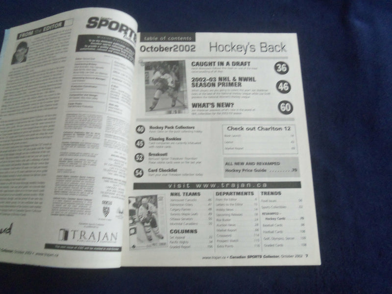 2002 OCTOBER CANADIAN SPORTS COLLECTORS MAGAZINE - JOSE THEODORE COVER - F 253H