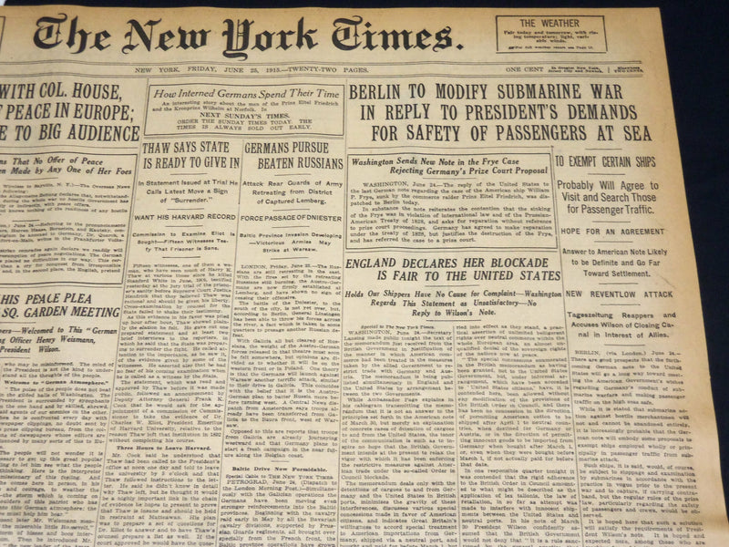 1915 JUNE 25 NEW YORK TIMES NEWSPAPER - BERLIN TO MODIFY SUBMARINE WAR - NT 7709