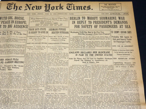1915 JUNE 25 NEW YORK TIMES NEWSPAPER - BERLIN TO MODIFY SUBMARINE WAR - NT 7709