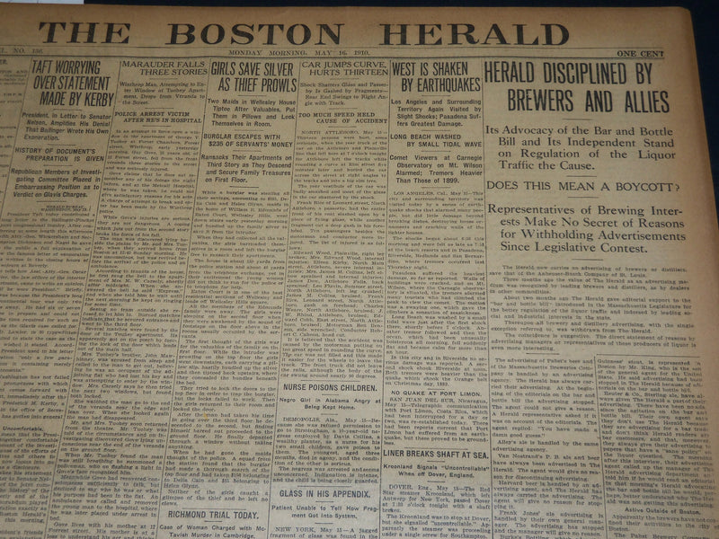 1910 MAY 16 THE BOSTON HERALD - PERIL IN COMET'S APPROACH TO EARTH - BH 359