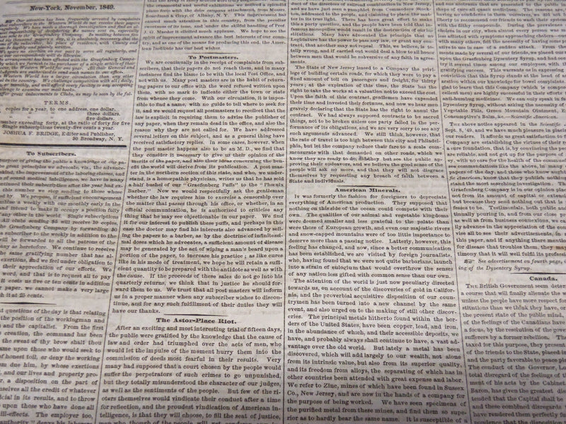 1849 NOVEMBER WESTERN WORLD NEWSPAPER - ASTOR PLACE RIOT - NP 3879N