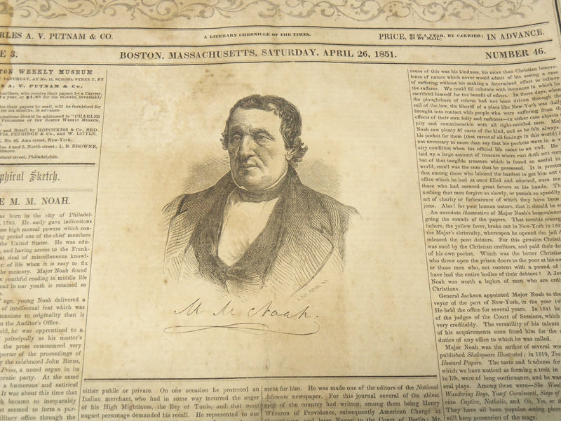 1851 APRIL 26 BOSTON MUSEUM NEWSPAPER - HOUSE OF SEVEN GABLES -M. NOAH - NP 9026