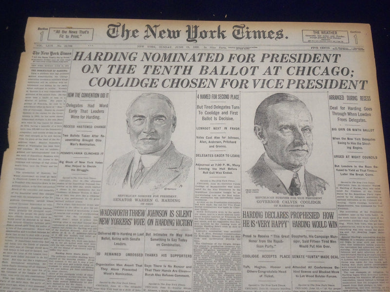 1920 JUNE 13 NEW YORK TIMES-HARDING NOMINATED FOR PRESIDENT, COOLIDGE VP-NT 9113