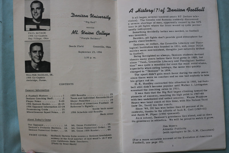 1956 SEP 29 DENISON UNIVERSITY VS. MT. UNION COLLEGE FOOTBALL PROGRAM - K 3316