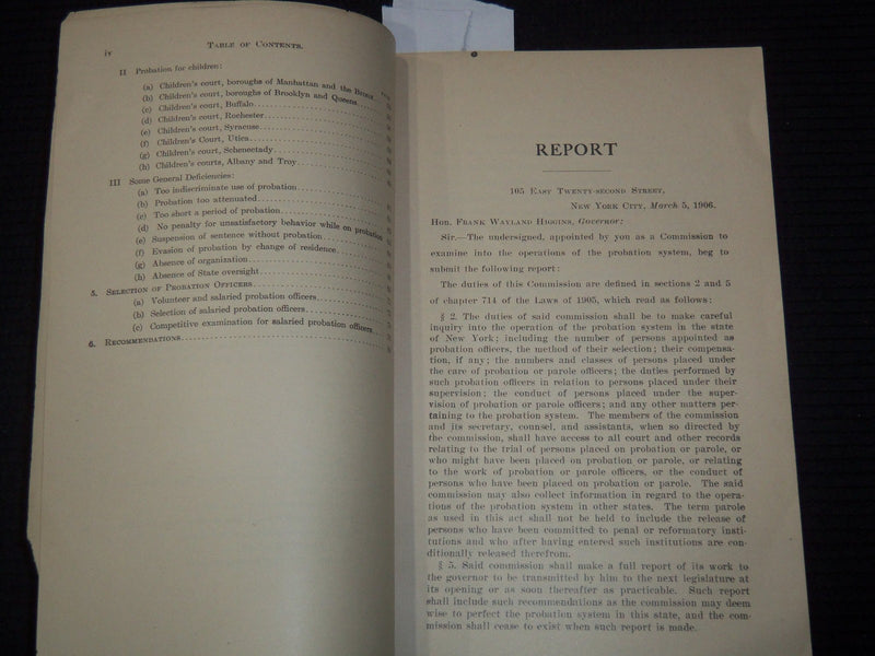1906 NEW YORK PROBATION COMMISSION REPORT- LAWS OF 1905 - ALBANY - K 3099