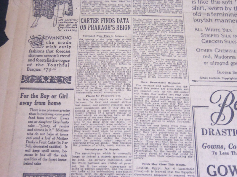 1924 JANUARY 7 NEW YORK TIMES - CARTER FINDS DATA ON PHARAOH'S REIGN - NT 7114