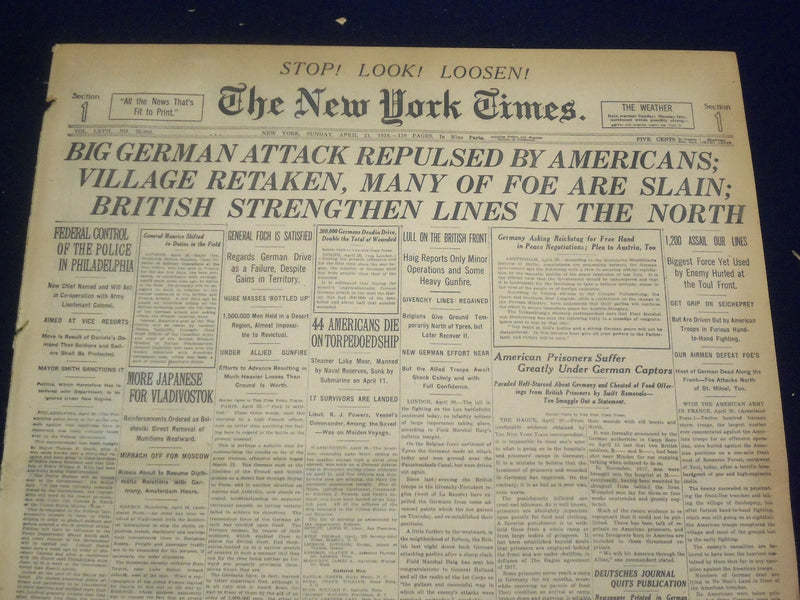 1918 APRIL 21 NEW YORK TIMES - GERMAN ATTACK REPULSED BY AMERICANS - NT 8221