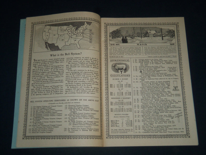 1938 TELEPHONE ALMANAC BOOK PUB. BY AMERICAN TELEPHONE & TELEGRAPH CO. - J 3976