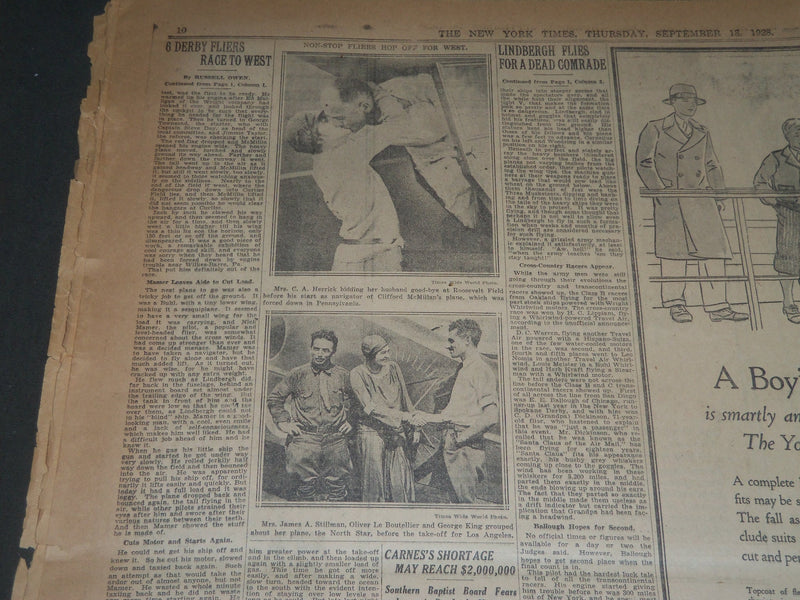 1928 SEPT 13 NEW YORK TIMES - 6 DERBY FLIERS RACE WEST IN HOP TO COAST - NT 6443
