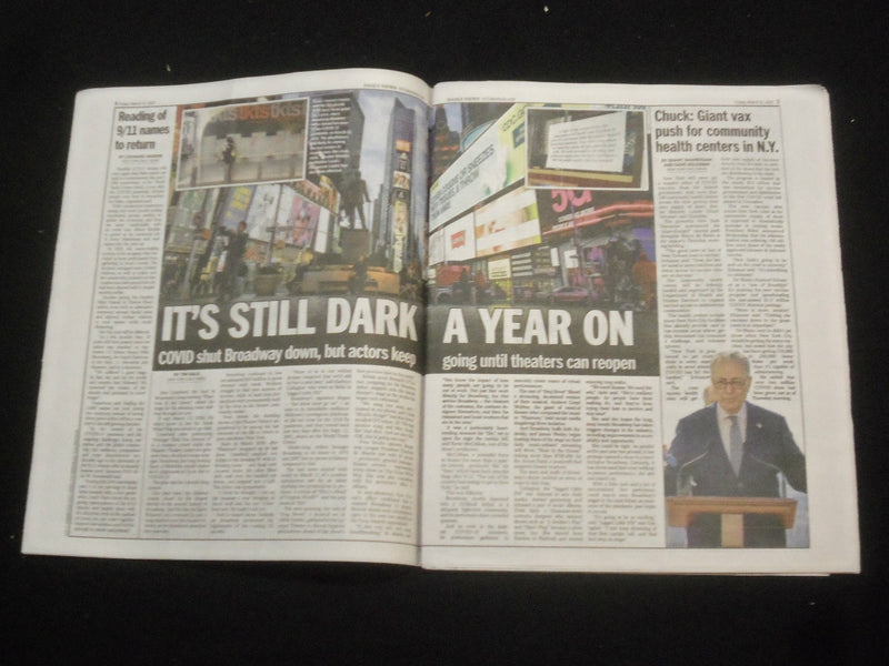 2021 MARCH 12 NEW YORK DAILY NEWS NEWSPAPER - 1 YEAR AGO BROADWAY WENT DARK