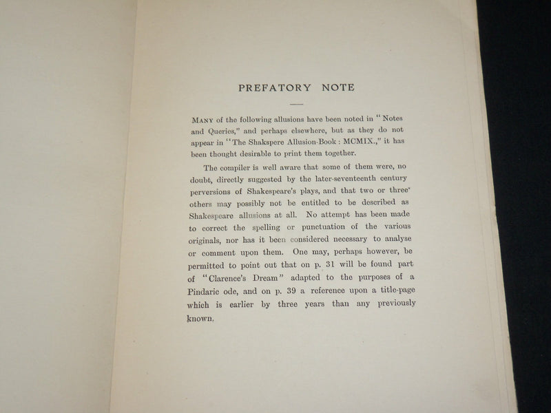 1920 SOME 17TH CENTURY ALLUSIONS TO SHAKESPEARE AND HIS WORKS BOOK - J 6525