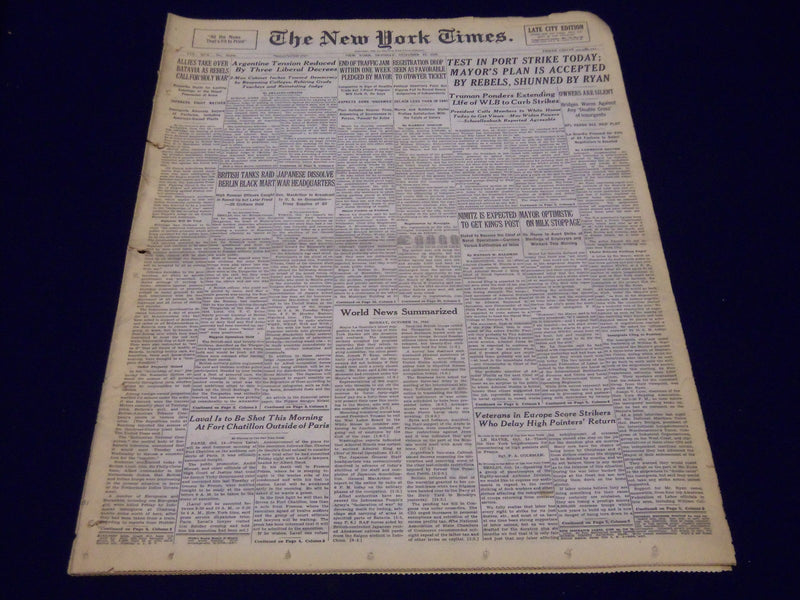 1945 OCT 15 NEW YORK TIMES - TEST IN PORT STRIKE TODAY MAYOR'S PLAN - NT 285