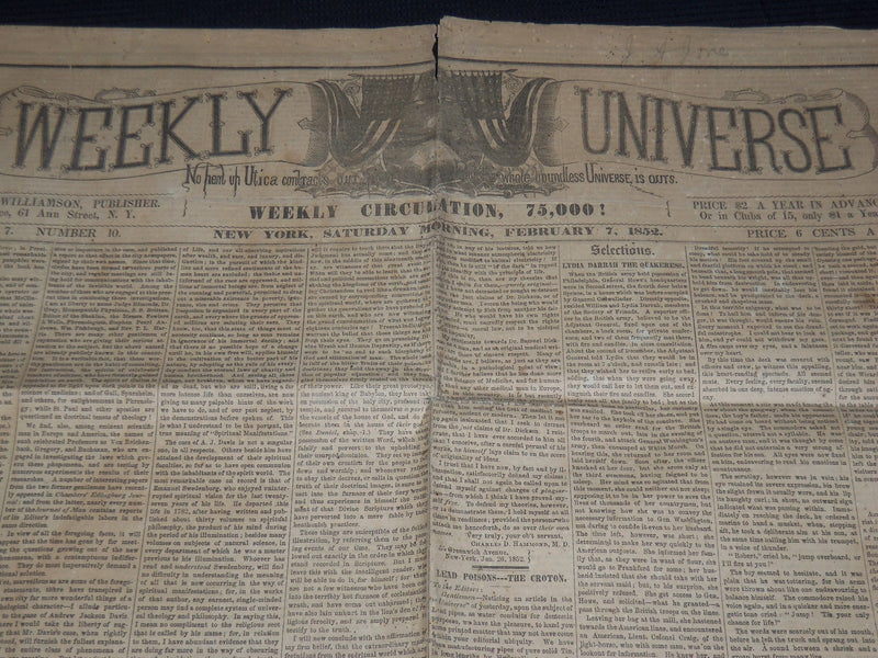 1852 FEBRUARY 7 WEEKLY UNIVERSE NEWSPAPER - NEW YORK - VOL 7 NO. 10 - NP 3879I