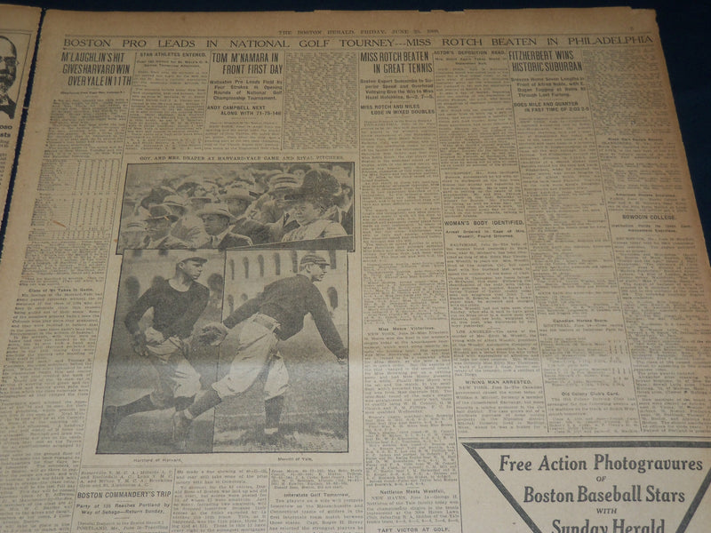 1909 JUNE 25 THE BOSTON HERALD - M'LAUGHLIN GIVES HARVARD WIN OVER YALE - BH 370