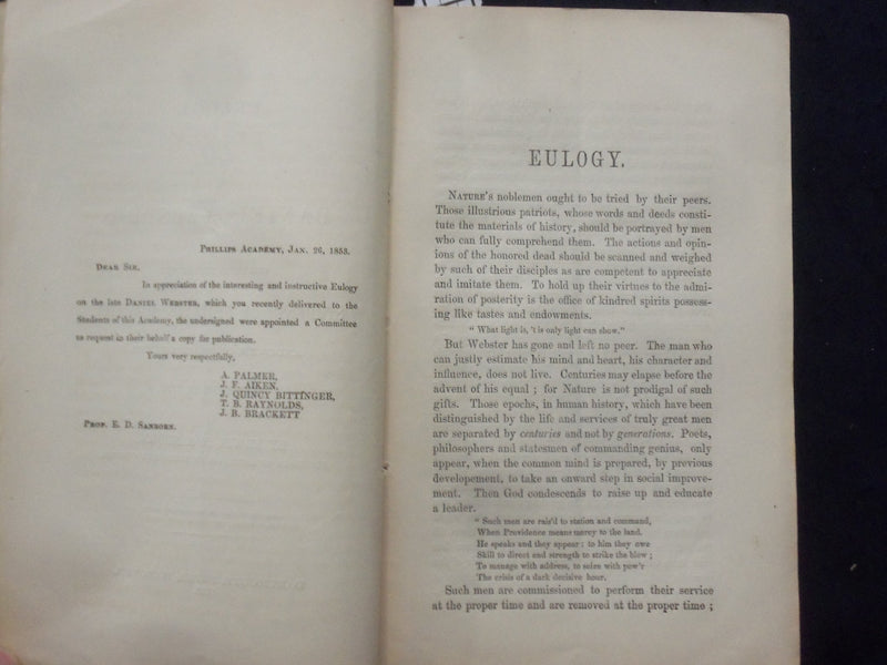 1853 EULOGY ON DANIEL WEBSTER SOFTCOVER BOOKLET BY EDWIN SANDBORN - K 240