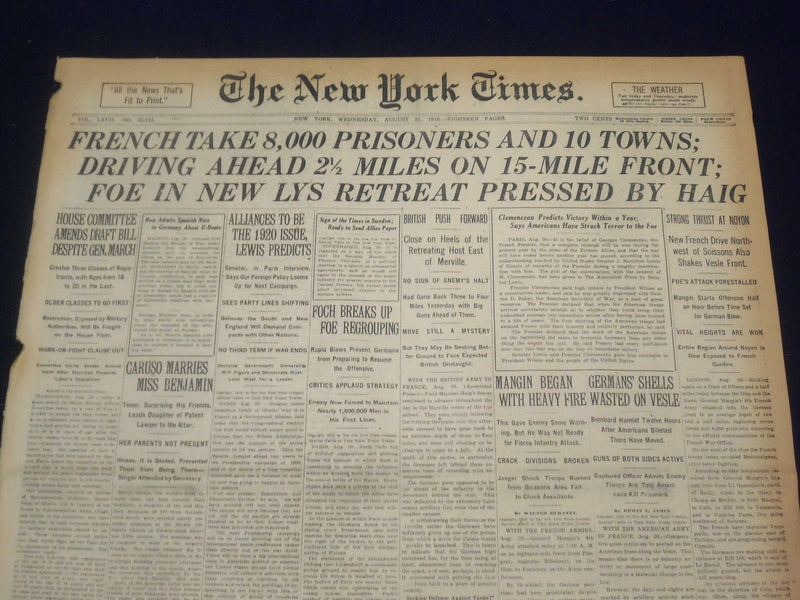 1918 AUGUST 21 NEW YORK TIMES - FRENCH TAKE 8,000 PRISIONERS - NT 9205