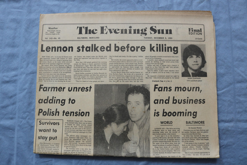 1980 DECEMBER 9 THE EVENING SUN - JOHN LENNON MURDERED - BALTIMORE, MD - NP 9214