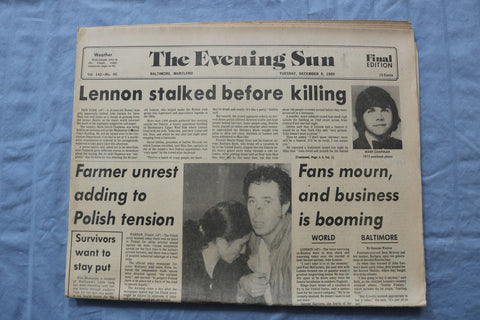 1980 DECEMBER 9 THE EVENING SUN - JOHN LENNON MURDERED - BALTIMORE, MD - NP 9214