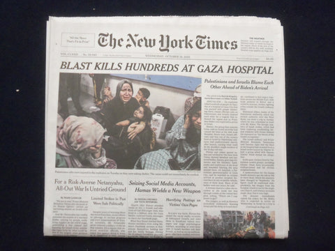 2023 OCTOBER 18 NEW YORK TIMES - BLAST KILLS HUNDREDS AT GAZA HOSPITAL