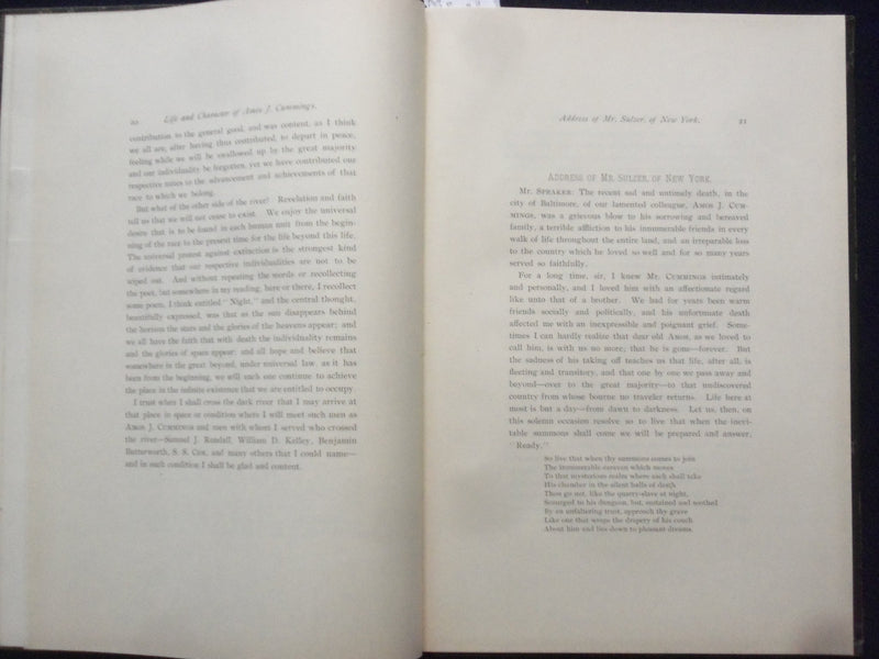 1903 AMOS J. CUMMINGS MEMORIAL ADDRESSES HARDCOVER BOOK - K 201