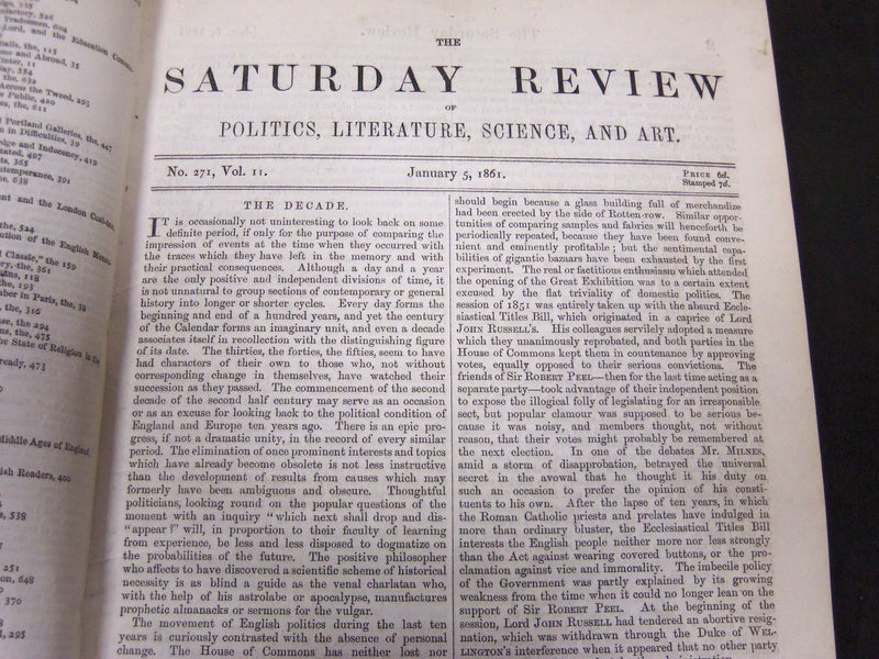 1861 SATURDAY REVIEW 2 BOUND VOLUMES - COMPLETE YR- PUBLISHED IN LONDON - R 1080