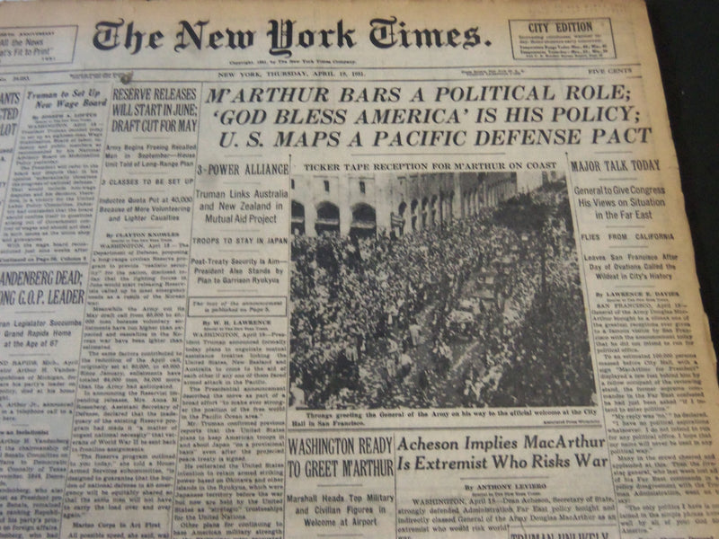 1951 APRIL 19 NEW YORK TIMES - M'ARTHUR BARS A POLITICAL ROLE - NT 5842