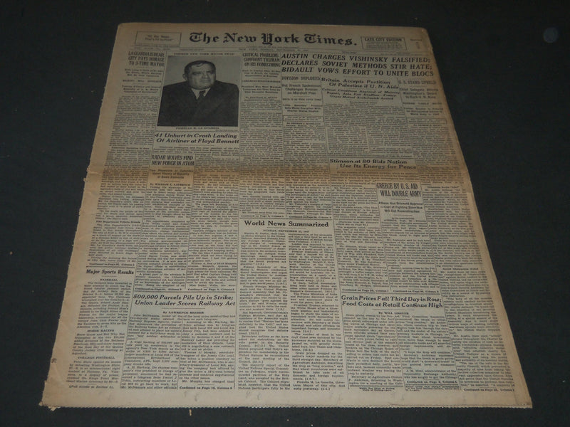 1947 SEPTEMBER 21 NEW YORK TIMES NEWSPAPER - LAGUARDIA IS DEAD AT 64 - NT 5514