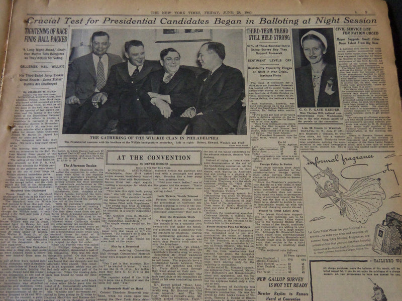 1940 JUNE 28 NEW YORK TIMES - REPUBLICANS NOMINATE WENDELL WILKIE - NT 5536
