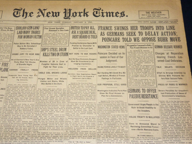 1923 JANUARY 9 NEW YORK TIMES - FRANCE SWINGS TROOPS INTO LINE - NT 7895