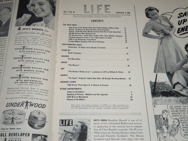 1939 SEPTEMBER 4 LIFE MAGAZINE - ROSALIND RUSSELL COVER - L 146