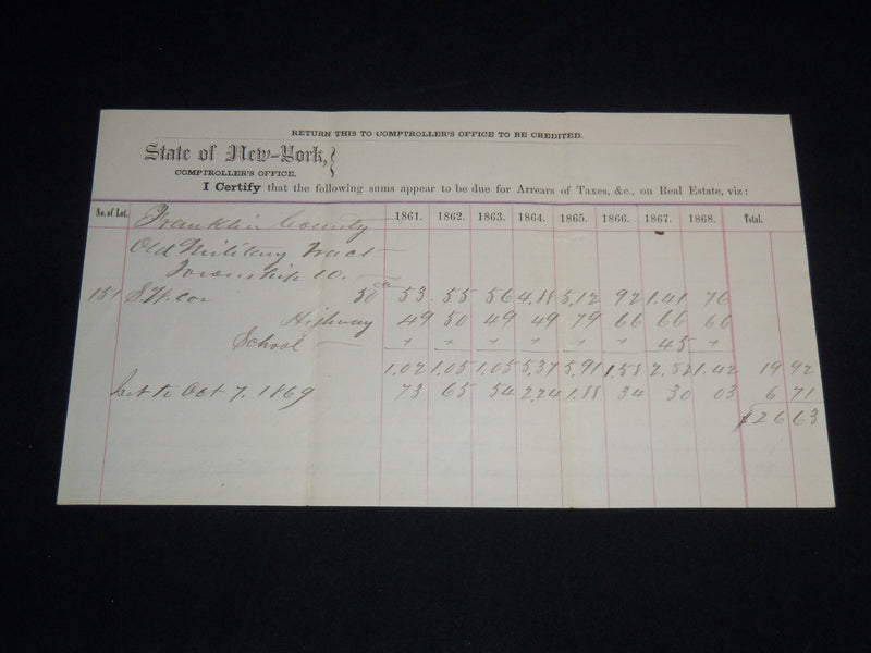 1849-1869 STATE OF NEW YORK COMPTROLLER'S OFFICE TAX BILLS LOT OF 3 - J 8853