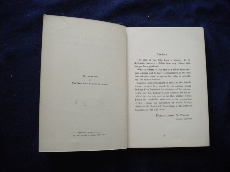 1927 INFLUENCE OF THE WEEKLY REST-DAY ON HUMAN WELFARE HARDCOVER BOOK - KD 8111