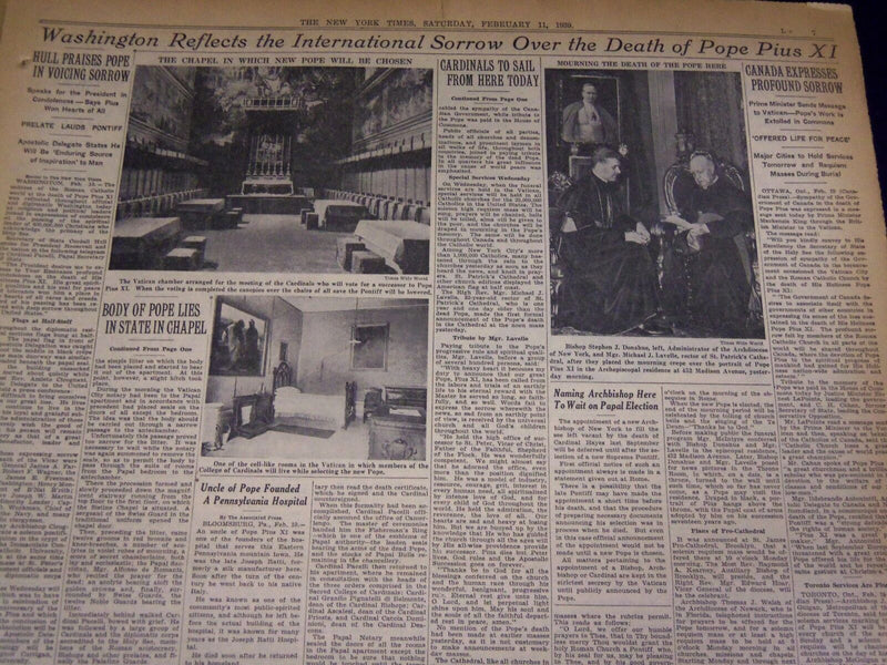 1939 FEBRUARY 11 NEW YORK TIMES - BODY OF POPE LIPS IN STATE - NT 4358