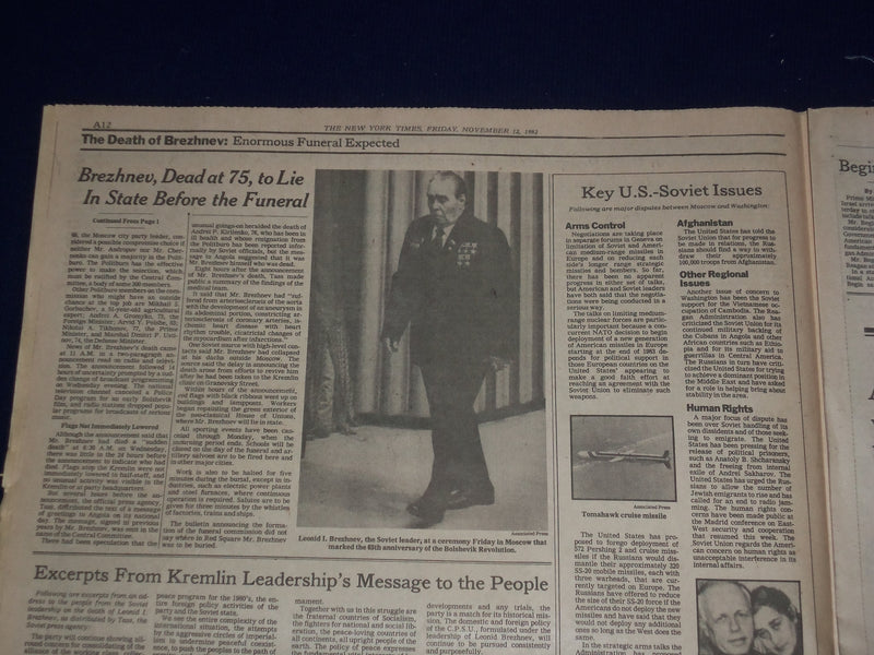 1982 NOVEMBER 12 THE NEW YORK TIMES - LEONID BREZHNEV DEAD AT 75 - NP 3010
