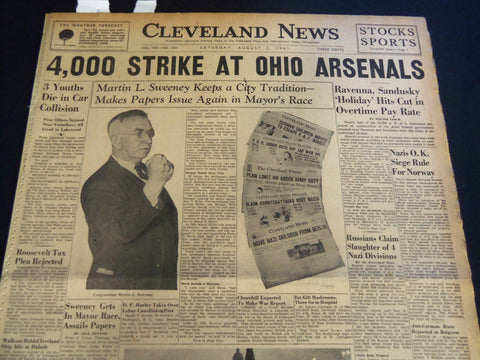 1941 AUGUST 2 CLEVELAND NEWS NEWSPAPER - 4,000 STRIKE AT OHIO ARSENALS - NT 7399