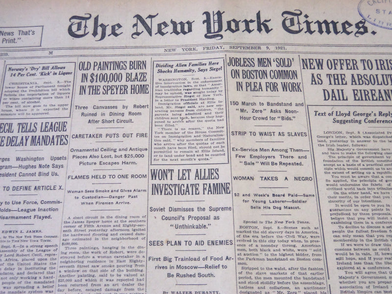 1921 SEPTEMBER 9 NEW YORK TIMES - OIL PAINTING BURN IN THE SPEYER HOME - NT 5478