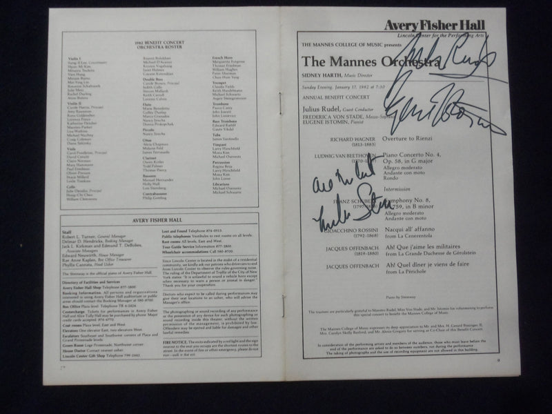 1982 JAN 17 JULIUS RUDEL - FREDERICA VON STADE - EUGENE ISTOMIN SIGNED PROGRAM