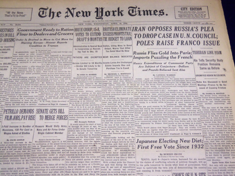 1946 APRIL 10 NEW YORK TIMES - CHOICE OF U. N. SITE SLATED - NT 3158