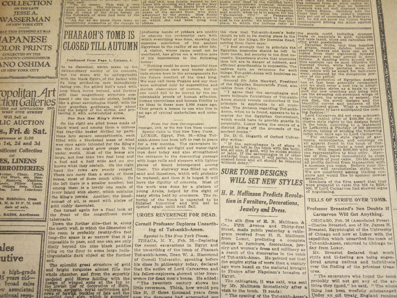 1923 FEBRUARY 27 NEW YORK TIMES - PHARAOH'S TOMB IS CLOSED TILL AUTUMN - NT 7990