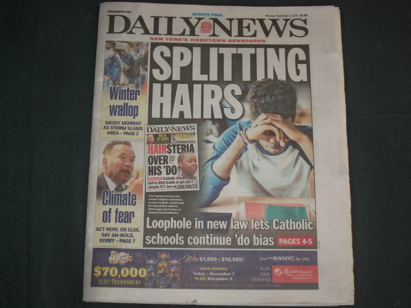 2019 DEC 2 NY DAILY NEWS NEWSPAPER - N.Y. JETS LOSE TO 0-11 CINCINNATI BENGALS