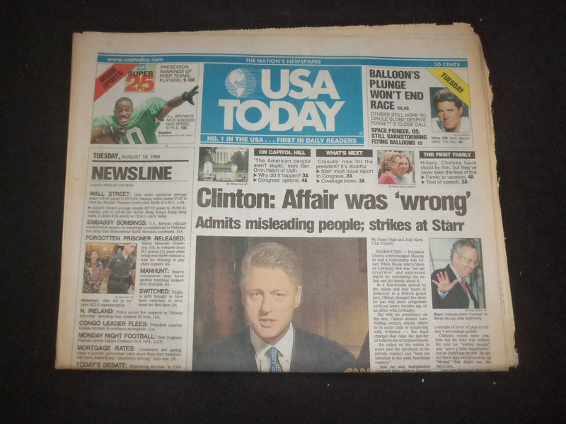 1998 AUGUST 18 USA TODAY NEWSPAPER - CLINTON: AFFAIR WAS 'WRONG' - NP 7948