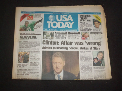 1998 AUGUST 18 USA TODAY NEWSPAPER - CLINTON: AFFAIR WAS 'WRONG' - NP 7948